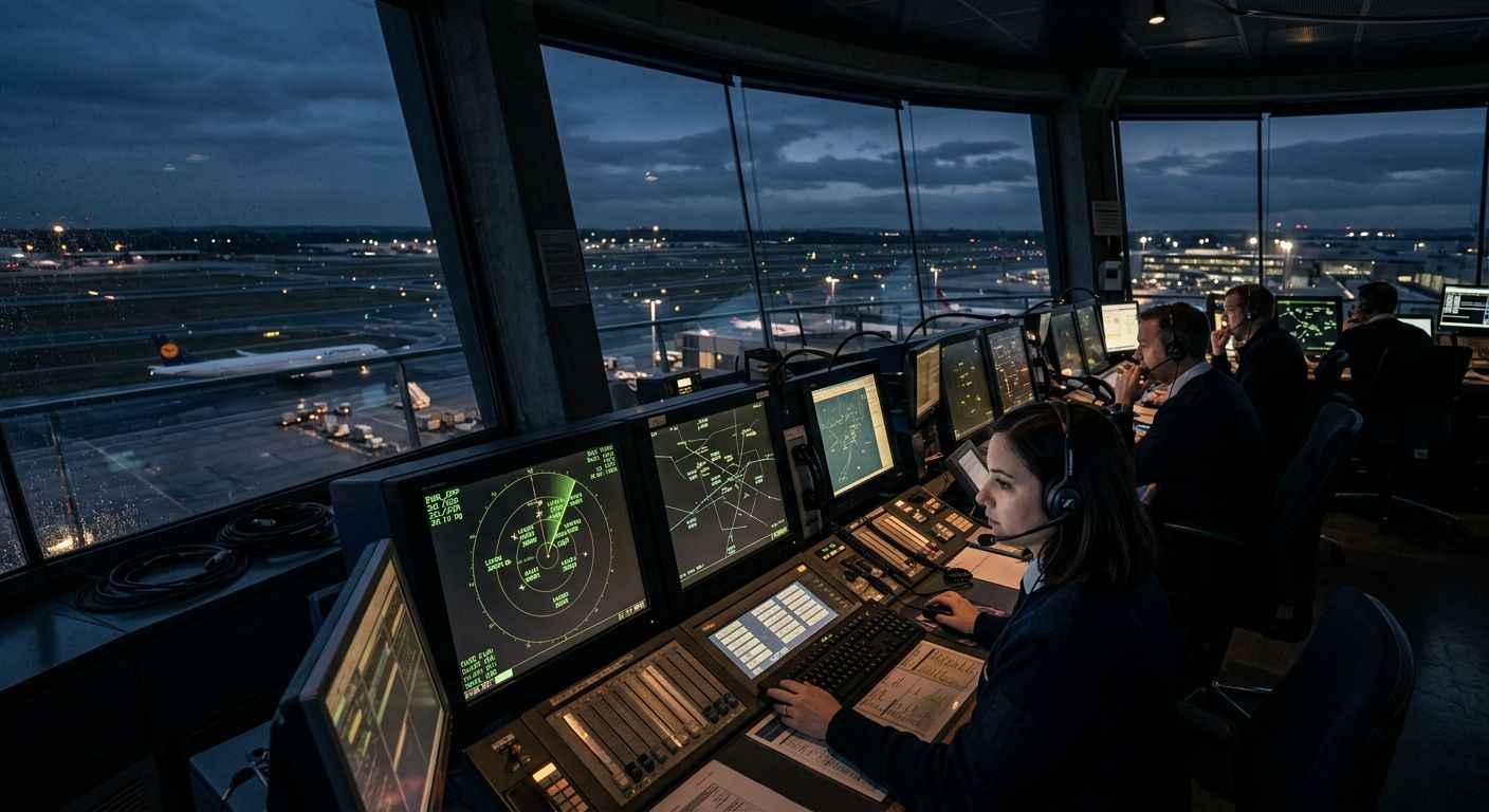 Air traffic controllers at workstations inside a tower cab at dusk, monitoring radar scopes with aircraft on the ramp below.