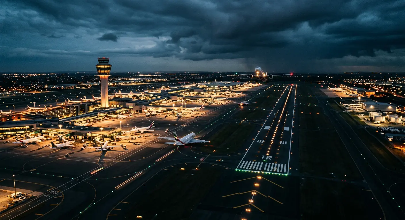 Aerial view of a busy airport at dusk, with an aircraft departing runway 1R, the control tower lit against a stormy sky, and terminal gates active with commercial aircraft