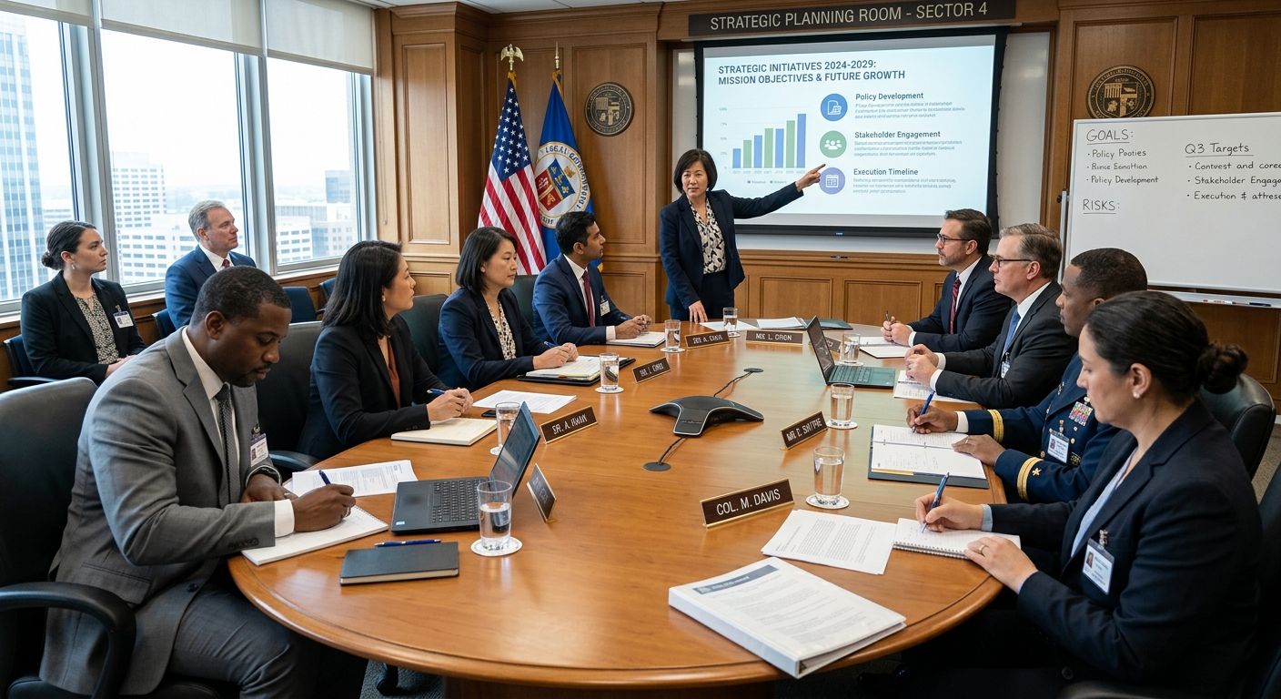 Presenter briefing a mixed civilian and military audience around a conference table in a federal planning room, with a strategy slide and whiteboard visible.