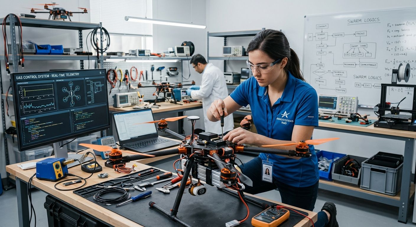 Engineer assembling a multirotor UAS on a lab workbench, with telemetry software, soldering equipment, and swarm logic diagrams visible in the background.